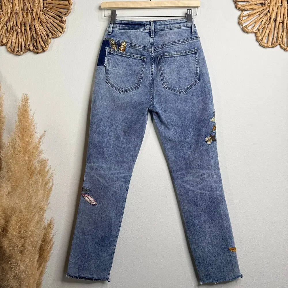 Driftwood x Free People jeans floral embroidery patchwork ankle pants boho 24